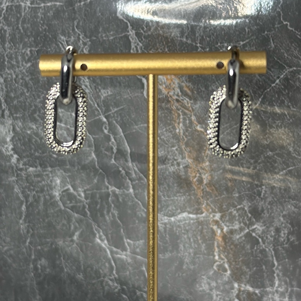 Double Hoop CZ Drop Silver Tone Earrings